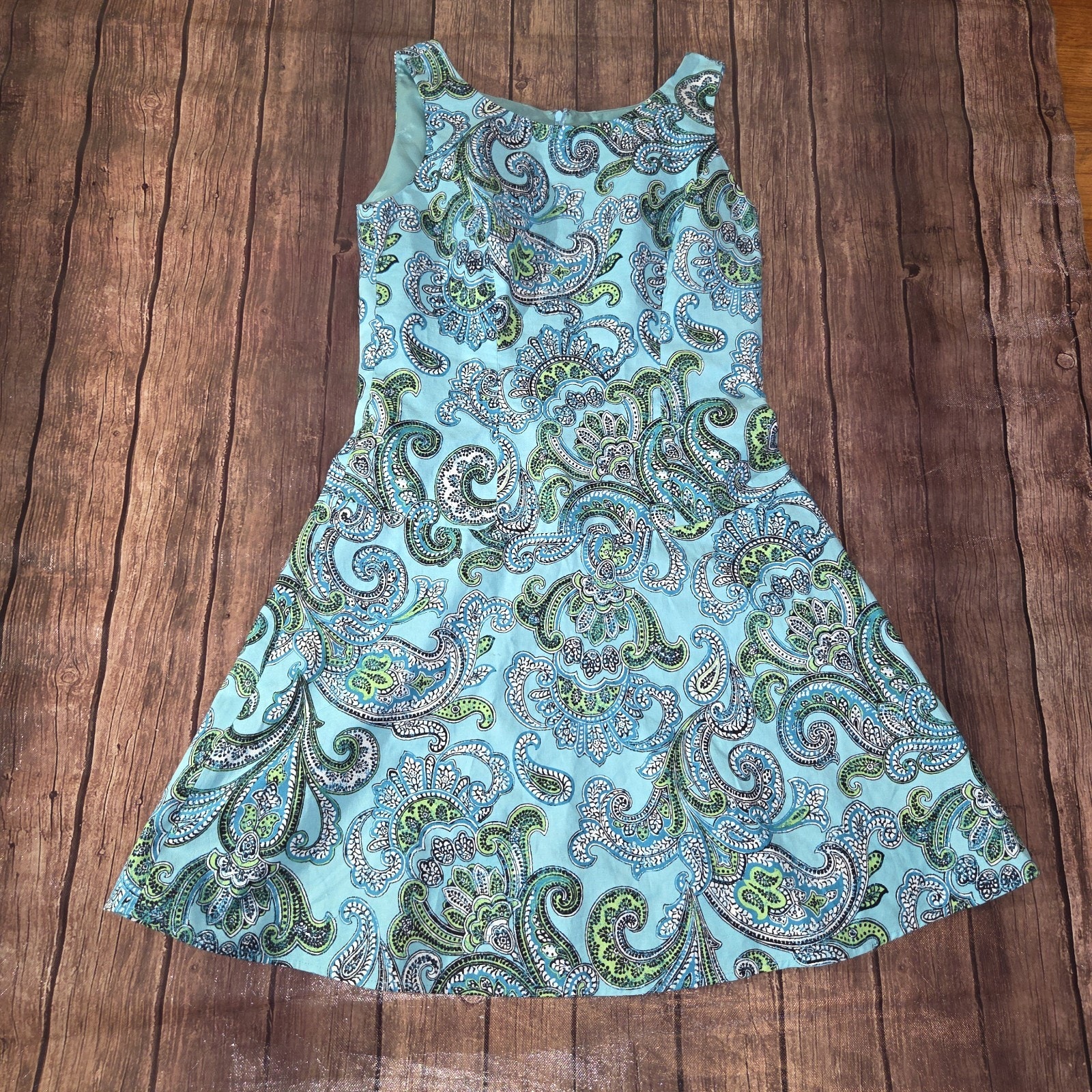 Brooks Brothers Womens 8 Blue Green Paisley Linen Blend Fit & Flare Lined